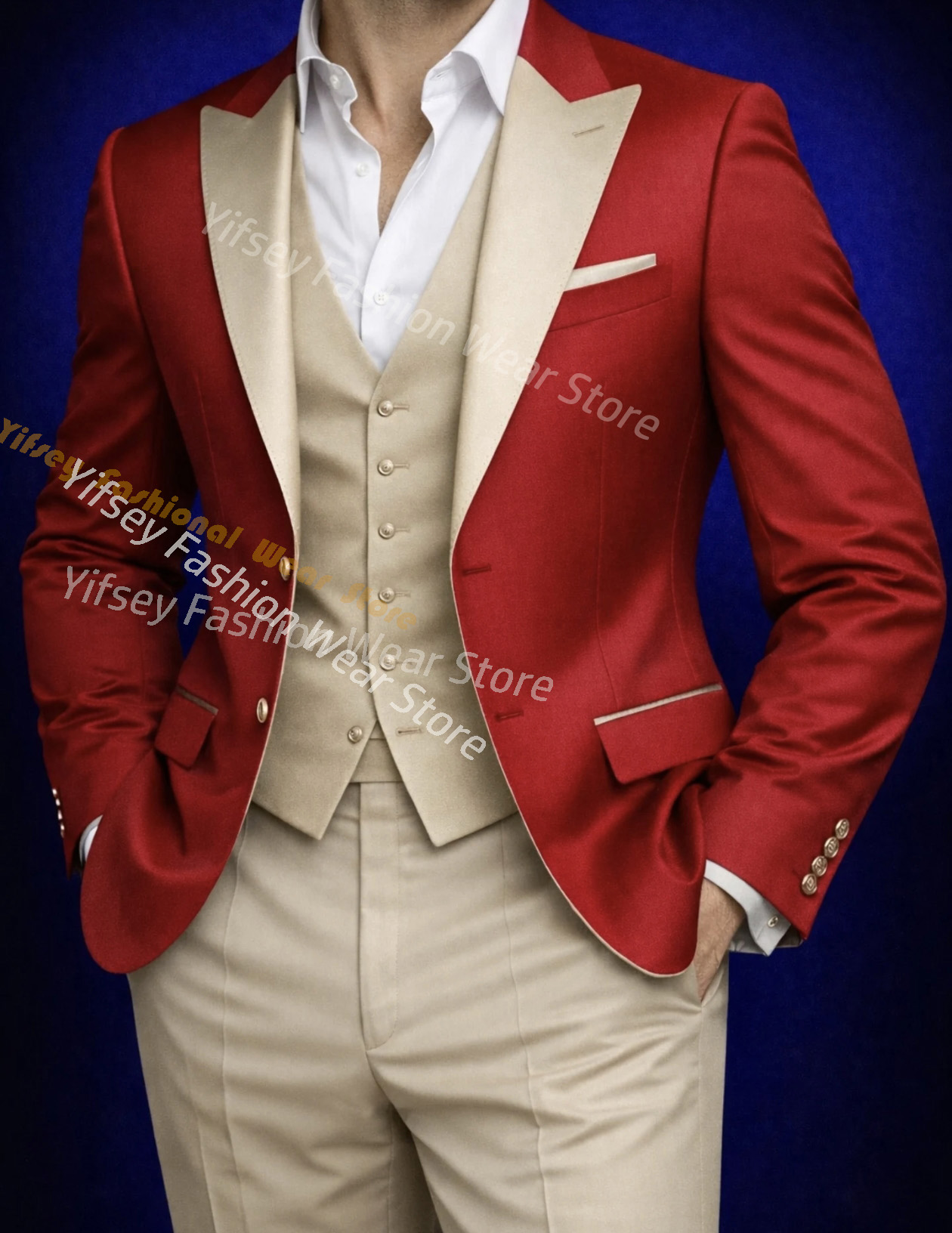 Mens Grooming Brand - Setelan Jas Pria Merah Lengkap untuk